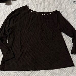 Elegant Black Women's Top with Studded Neckline with wide leg pants